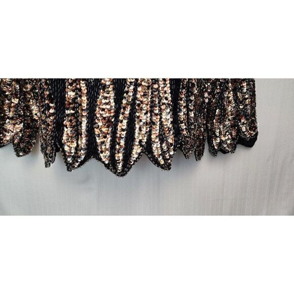 Oleg Cassini V-Neck Scalloped Black Jewel Beaded Sequin Silk Top Size Sm… - Picture 7 of 9